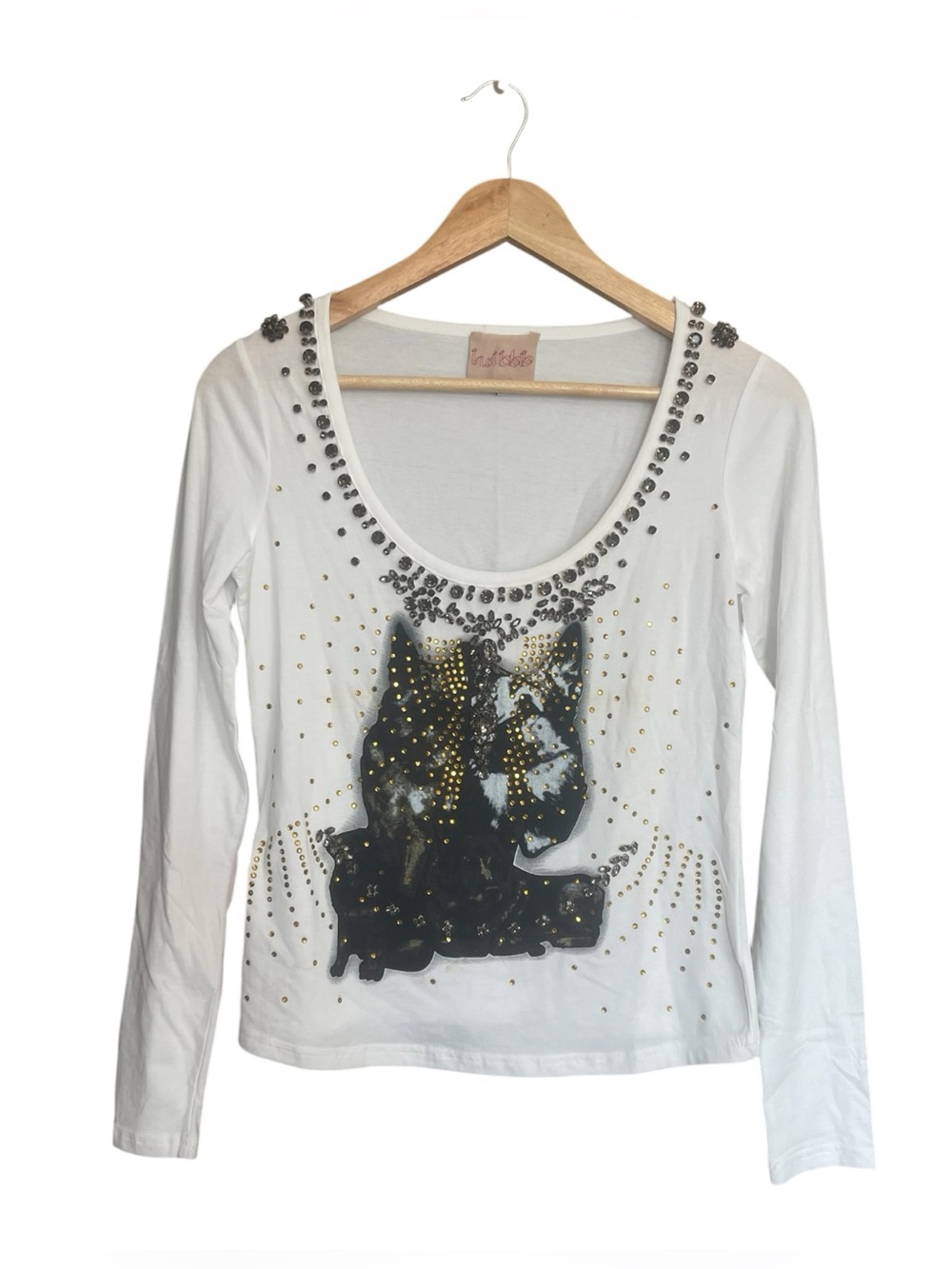 Trust Toilette White Long-Sleeve Top with Embellished Cat Motif
